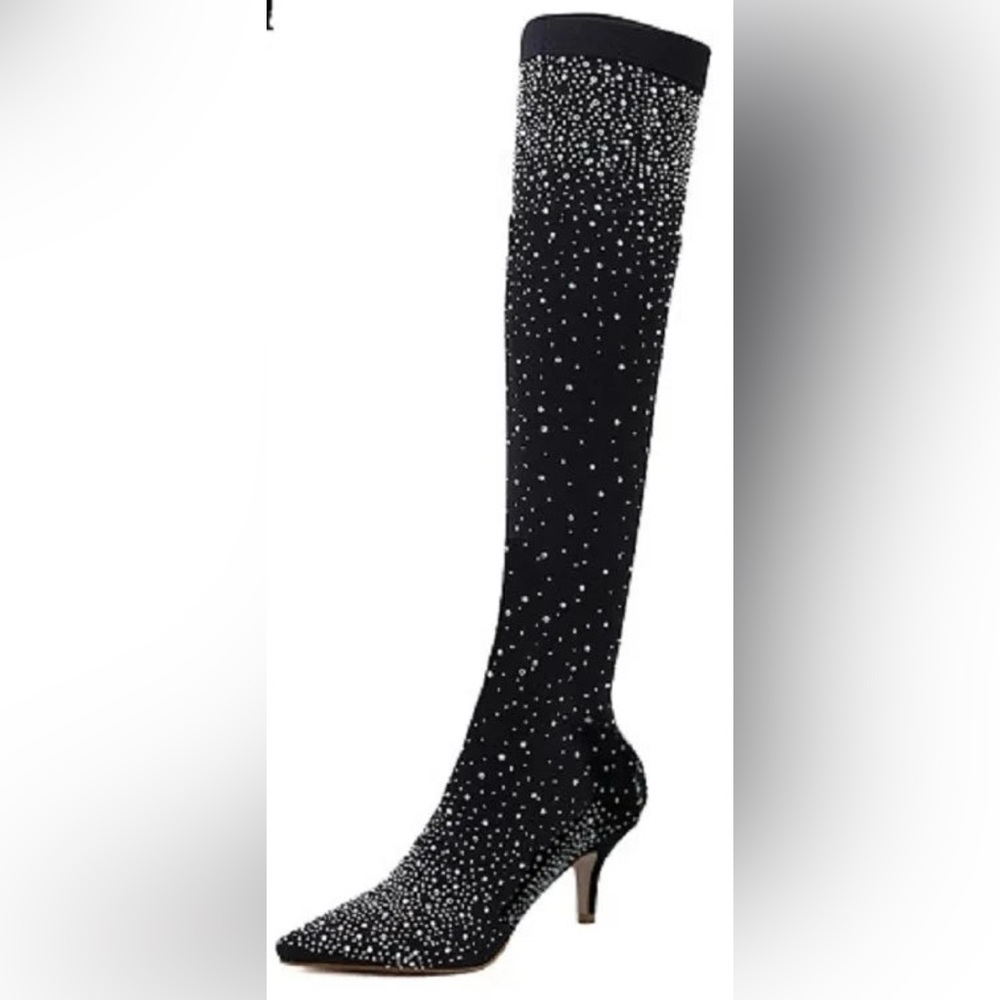 Over-the-Knee Black Rhinestone Stretch Boot